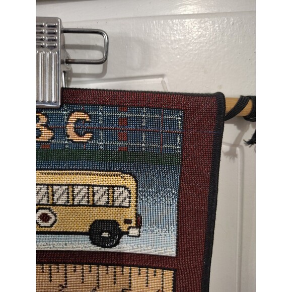Teacher Tapestry Fabric Wall Hanging Maroon Teaching School Buses Dowel - Picture 2 of 5